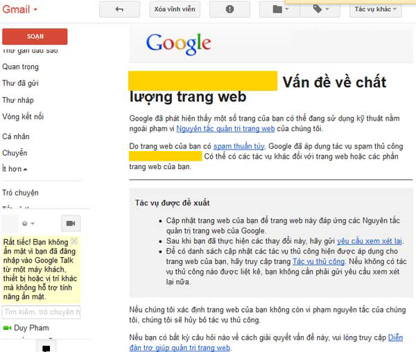 Thông báo phạt trang web nghi bị sanbox