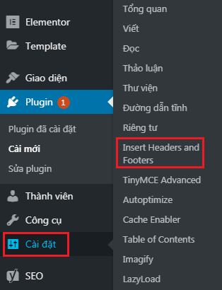 Mở cài đặt plugin Insert Headers and Footers